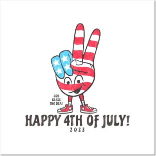 Happy Fourth of July 2023 Patriotic Peace Sign Cartoon Posters and Art